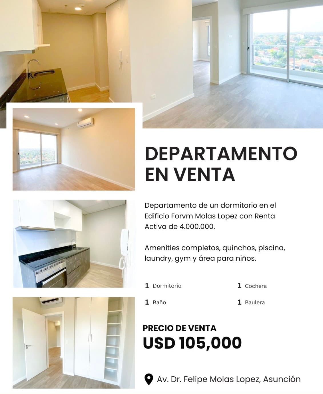 Asunción - Molas Lopez. Depart 1 Habitaciones. Renta Activa