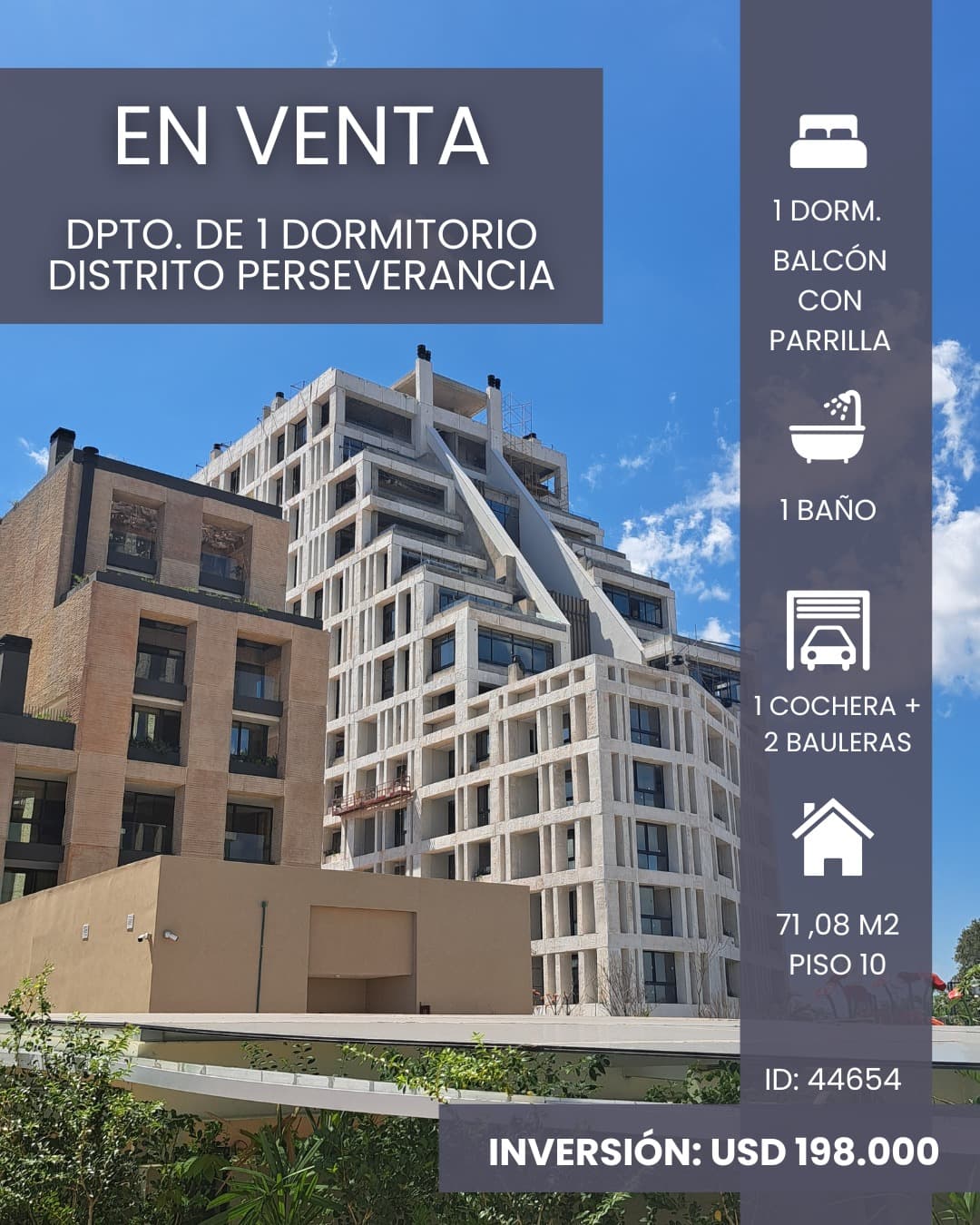 VENDO DEPARTAMENTO A ESTRENAR DE 1 DORMITORIO EN DISTRITO PERSEVERANCIA