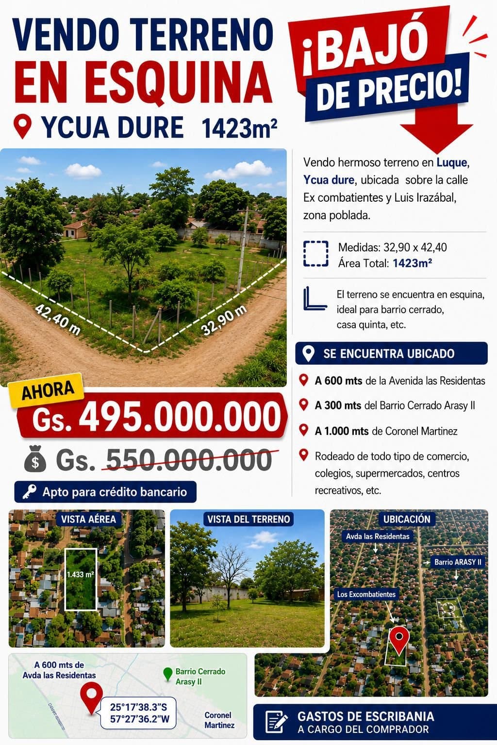 VENDO TERRENO EN ESQUINA 1.423M2 -LUQUE YCUA FURE
