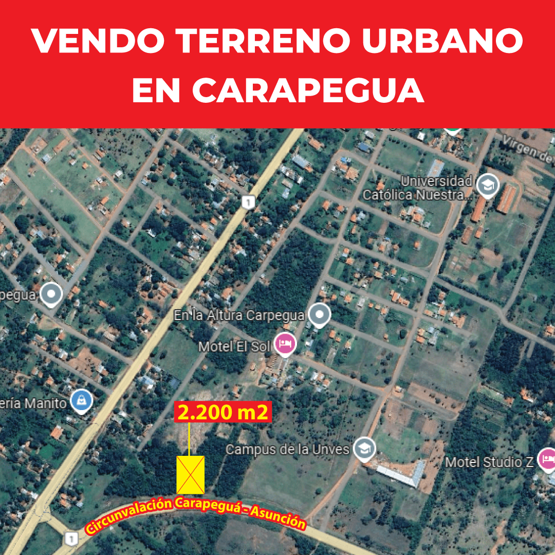 Terreno urbano en Carapeguá 2.200 m2 En el nuevo trazado de la circunvalación de Carapeguá Ruta 1
